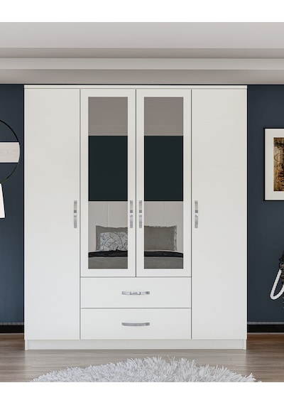 Metalia Gm0035 Esil 4 Kapılı 2 Çekmeceli Aynalı Gardrop Dolap Beyaz