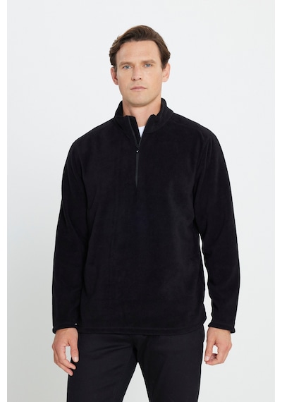 Erkek Sıyah Anti-pilling Tüylenme Yapmayan Standart Fit Dik Yaka Polar Sweatshirt Siyah