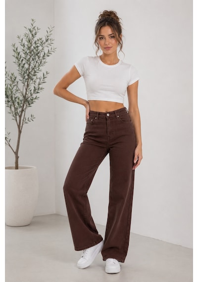 Woddi Nova Kadın Yüksek Bel Kaahverengi Salaş Jeans Wide Leg Geniş Paça Palazzo Kot Pantolon Kahverengi