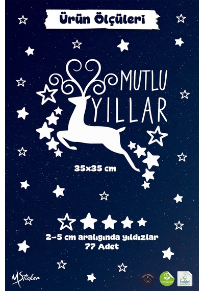 Mutlu Yıllar Geyik Cam & Duvar Sticker Seti 78 Parça Yılbaşı Vitrin Ve Ev Dekoru Dijital Baskı