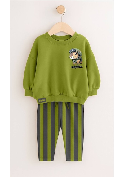 Kız Çocuk Capybara Desen Yeşil Renk Sweatshirt Çizgili Jogger Alt Üst Takım Yeşil