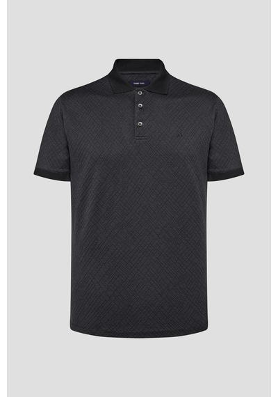 Jakar Desenli Polo Yaka Erkek T-shirt Siyah Siyah