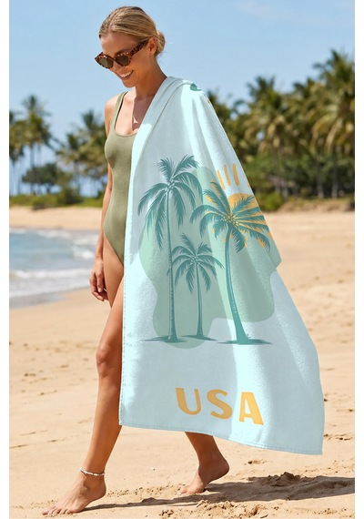 Palmiye Tropikal California Plaj Havlusu - Mint Sarı Akdeniz Marine Hızlı Kuruyan Mikrofiber Havlu Çok Renkli