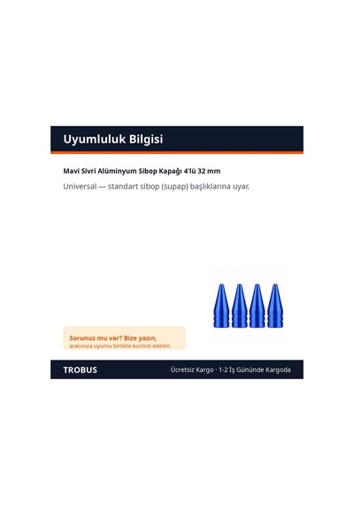 Trobus Mavi Sivri Alüminyum Sibop Kapağı 4'lü 32 Mm