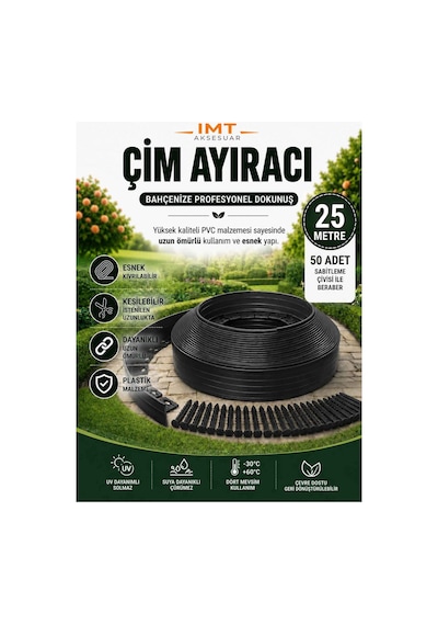 Esnek Pvc Çim Ayırıcı Bahçe Peysaj Düzenleyici 25 Metre Siyah Çim Sınırlayıcı Esnek Plastik Taş Toprak Ayraç Bariyer Peyzaj Bordürü