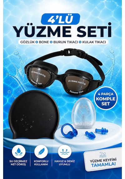 4'lü Deniz Havuz Yetişkin Yüzme Seti Siyah