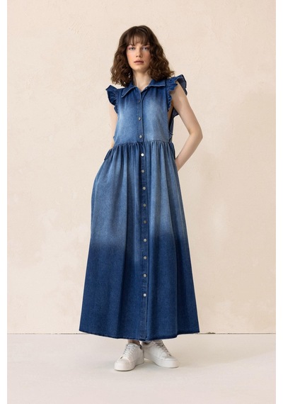 Olcay Fır Fır Detaylı Kolsuz Denim Elbise Mavi 9296-e