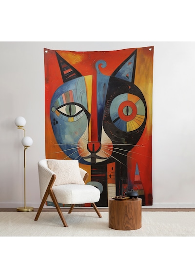 Pablo Picasso Tarzı - Soyut Renkli Kedi Duvar Örtüsü-7371