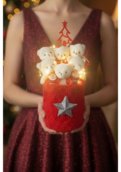 Yeniyıl Özel Seri: Premium Silindir Gümüş Yıldız Detaylı Peluş Kutuda Yılbaşı Temalı Led Işıklı Noel Ağaçlı Ve Noel Babalı, Özel Konsept Yeniyıl Ayıcık Buketi