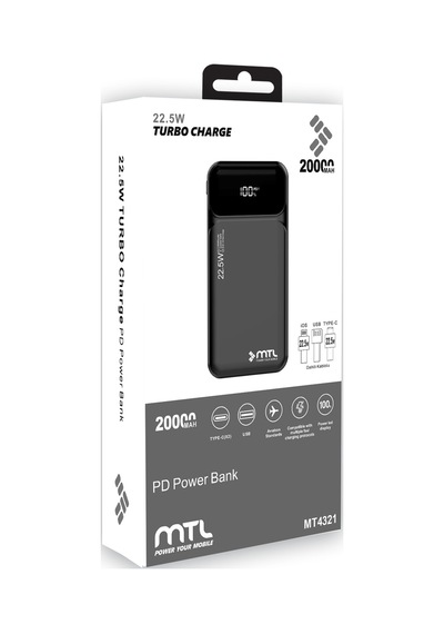 20000 Mah 22.5w Turbo Şarj Dahili Kablolu Dijital Led Göstergeli Pd Ve Qc 3.0 Powerbank Mt4320 Siyah