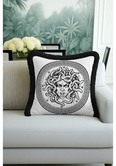 Mitolojik Medusa Figürlü Saçaklı Yastık Kılıfı - Yunan Esintili Modern Siyah Püsküllü Kırlent Kılıfı Doygun Fırtına Aqua Mitolojik Medusa Figürlü Saçaklı Yastık Kılıfı - Yunan Esintili Modern Siyah Püsküllü Kırlent Kılıfı Doygun Fırtına Aqua