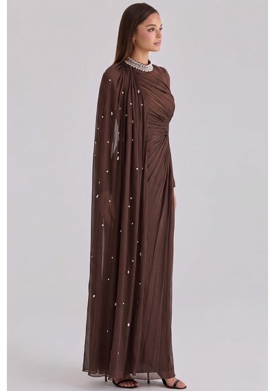 Olcay Taş Ve Volan Detaylı Pelerin Yoryo İpek Tesettür Abiye Elbise Kahve 1257