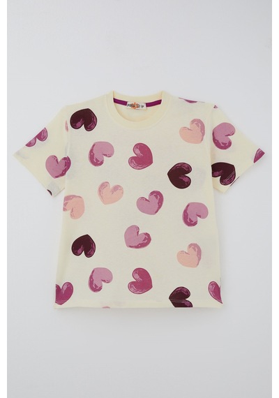 Paty Kıds Kız Çocuk Pijama Takımı Kısa Kollu Renkli Kalp Desenli 8-12 Yaş, Sarı