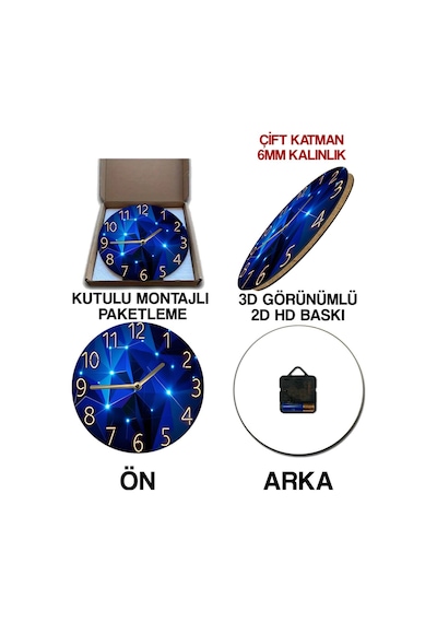 Mavi Geometrik Taş Desenli 3d Görünümlü Mdf Duvar Saati Modern & Işıltılı Tasarım Sdw304 Renkli