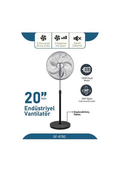 Sf-6792 Sanayi Tipi Ayaklı Vantilatör 20'' 5 Kanatlı Metal Pervane, 3 Hız Kademesi, 130w Güçl