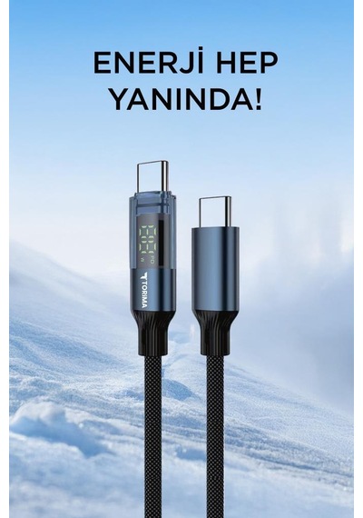 Torima U22 Type-c To Type-c 60 W  Led Ekranlı Dayanıklı Örgü Hızlı Şarj Kablosu Siyah