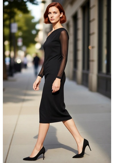 Ersefa Moda Stil Slim Asimetrik Yaka Midi Boy Desenli Astarlı Vücuda Otu Siyah