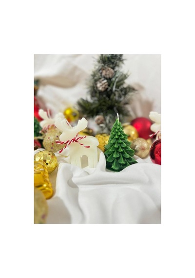 Dekoratif Hediyelik Çam Ağacı Ve Geyik Mum Soywax Yeşil Yılbaşı Hediye Pine Tree Candle Haki