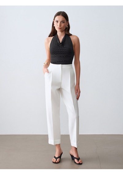 Dilvin 72694 Kıvrık Paça Pileli Pantolon-beyaz