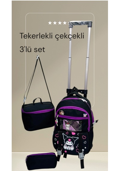 2 Kademeli Çekcekli İkarekter Desenli 3'lü Set İlkokul Çantası