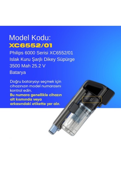 Philips 6000 Serisi Xc6552/01 Islak Kuru Şarjlı Dikey Süpürge 3500 Mah 25.2 V Batarya  Uyumlu Uzun Ömürlü, Maksimum Performans Pil
