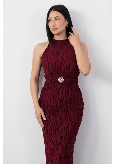 Kalopya Halter Yaka Beli Tokalı Bağlamalı Elbise Grs4023 Bordo