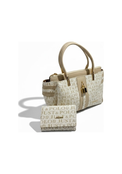 Just Polo Kadın Lüks El & Omuz Çantası Gold Detaylı Özel Tasarım Çanta Ve Uyumlu Cüzdan 22x28 Cm Krem