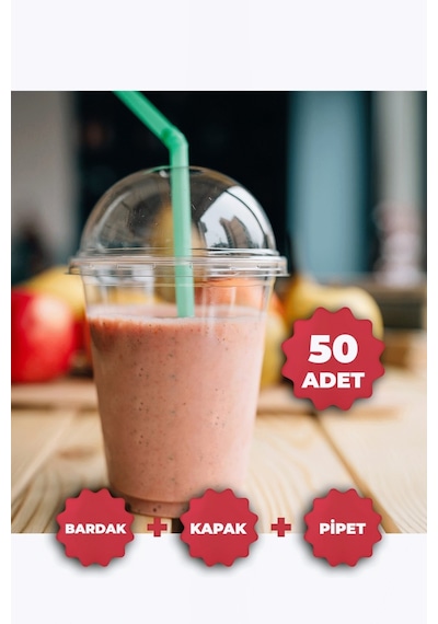 Plastik Milkshake Bardağı Kapak Pipet 12 Oz 350 Cc - 50 Adet