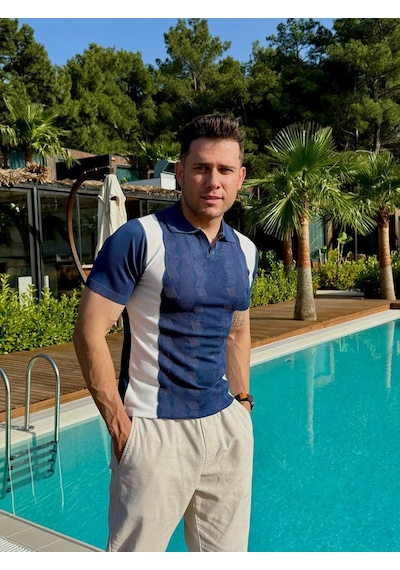 Erkek Polo Yaka Tişört Beyaz Çizgili Lacivert Beyaz  - Lacivert