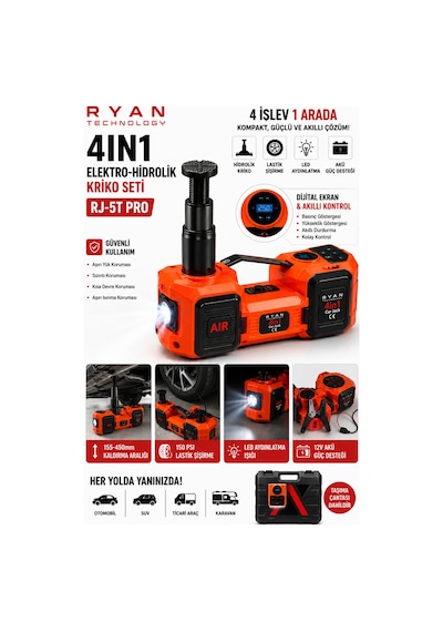 5 Ton Hidrolik Araç Krikosu 12v 4in1 Elektrikli Kriko Seti Hava Kompresörü Bijon Sökme Anahtarı Lastik Değiştirme Led Rj-5t Pro