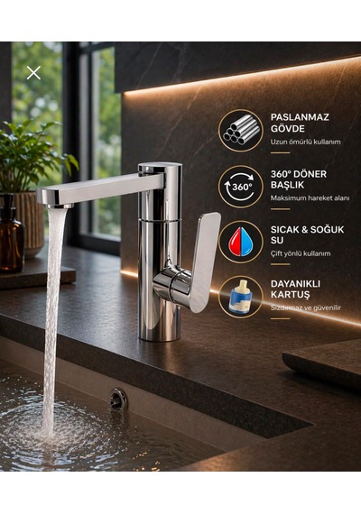 Eshom Lüx Premium Silva 360 Döner Borulu Banyo Lavabo Bataryası Çeşmesi Musluğu Krom
