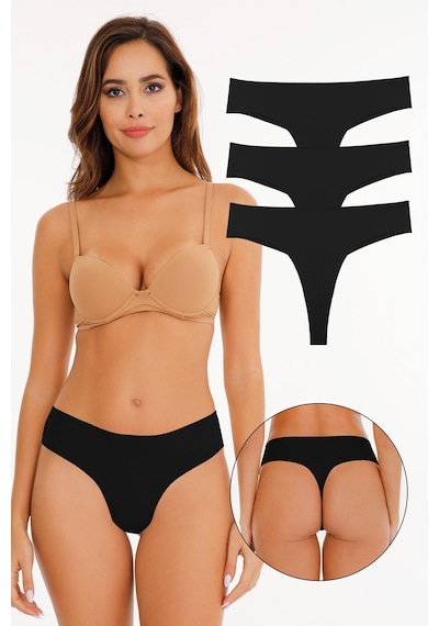 Sensu Kadın Lazer Kesim Tanga Külot 3'lü Paket Set Kts3067 Siyah Siyah
