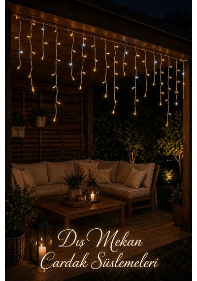 4 Metre 192 Led Profesyonel Perde Led Işık Dış Mekan Kalın Kablolu Beyaz Flaşlı Kafe Restoran Bahçe Teras Aydınlatma Sarı