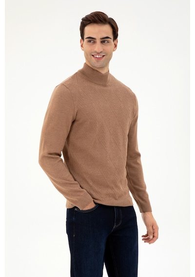 U.S. Polo Assn. Erkek Slim Fit Yarım Balıkçı Yaka Camel Melanj Kazak 50297038-VR122