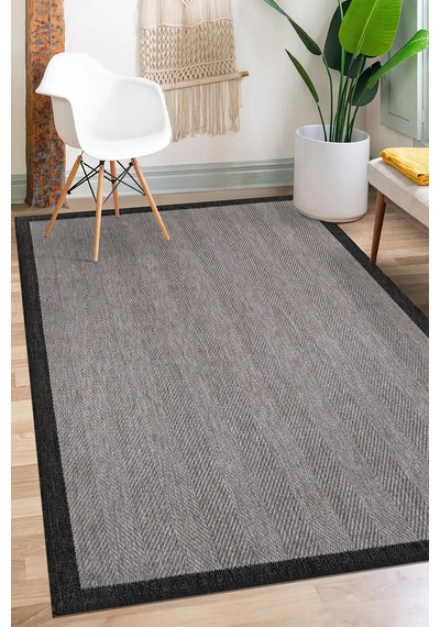 Elit Premium Sisal Jut Halı 1405 Hav Ve Toz Yapmaz Bordürlü Halı Gri-siyah Gri - Siyah