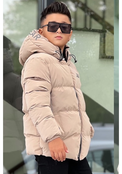 Pina Kids Erkek Çocuk Kapüşonlu Baskılı Reflöktör Detaylı Nova Kumaş Kışlık Şişme Mont Km4017 Bej