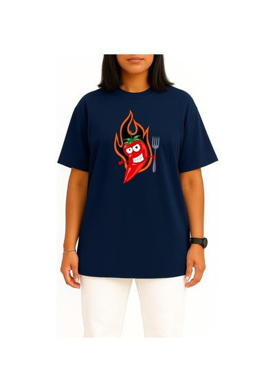 Bahriyeli Collection Oversize Kırmızı Acı Biber Logosu Göğüs Tasarımlı Unisex T-shirt Lacivert