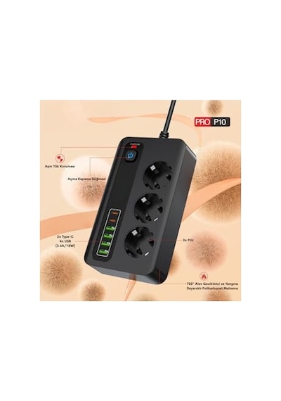 Pro P10 3000w Akım Korumalı Priz - 3 Ac Çıkışlı, 4 Usb Ve 2 Type-c Girişli Çoklu Priz, Hızlı Şarj Destekli Grup Priz Siyah
