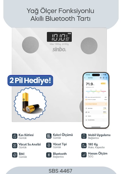 Sinbo Bluetoothlu Yağ Ölçer Baskül Sbs-4467