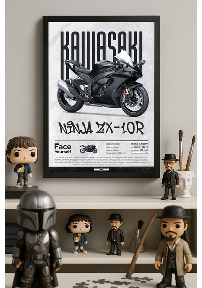 Kawasaki Ninja Zx-10 R Siyah Ahşap Çerçeveli Poster, Dekoratif Motosiklet Duvar Tablosu