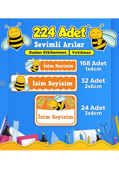 Sevimli Arı Temalı Okul Kreş Kişiye Özel İsim Etiket Seti - Model 449 Çok Renkli