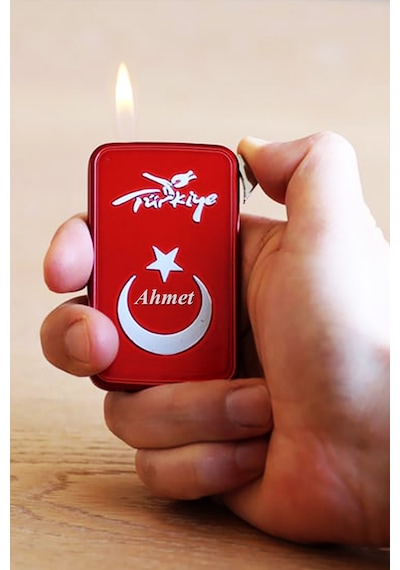 Kişiye Özel İsimli Kırmızı Türk Bayrağı Çakmak Aynalı Çakmak Türkiye Ay Yıldız Kırmızı