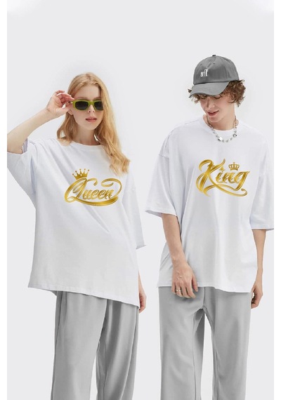Unisex Kadın Erkek King Queen Baskılı Sevgili Çift Kombini Tasarım Oversize T-shirt 2'li Set Beyaz Mck1952 Beyaz