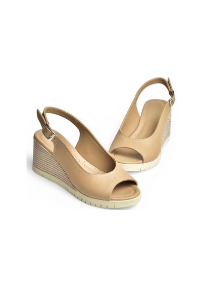 Fox Shoes Y555344003 Bej Hakiki Deri Dolgu Tabanlı Kadın Sandalet