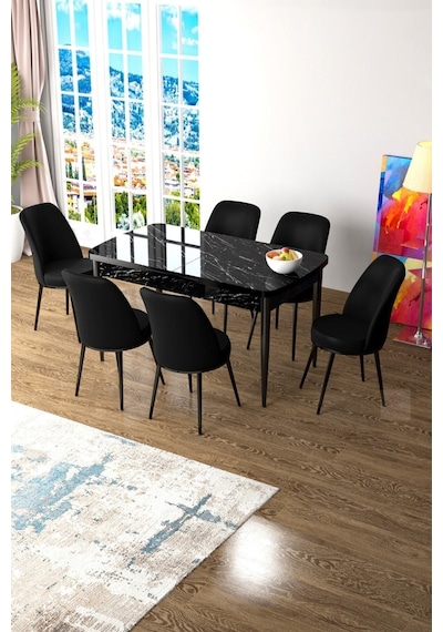 Canisa Concept Zen Serisi 80x132 Mdf Açılabilir Siyah Mermer Desen Masa Takımı Ve 6 Siyah Sandalye Siyah Canisa Concept Zen Serisi 80x132 Mdf Açılabilir Siyah Mermer Desen Masa Takımı Ve 6 Siyah Sandalye Siyah
