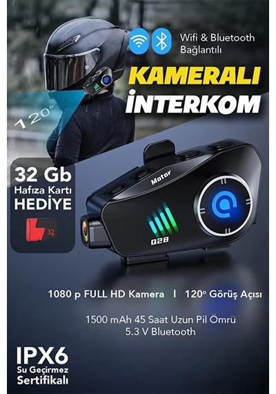Q28 5.3 Bluetooth Kameralı Intercom - 1500 Mah Su Geçirmez Kask İçi Motosiklet Kulaklık