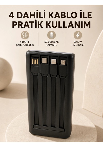 Hızlı Şarj Powerbank 50.000 Mah 4 Dahili Kablolu Led Aydınlatmalı Dijital Göstergeli Taşınabilir Bat