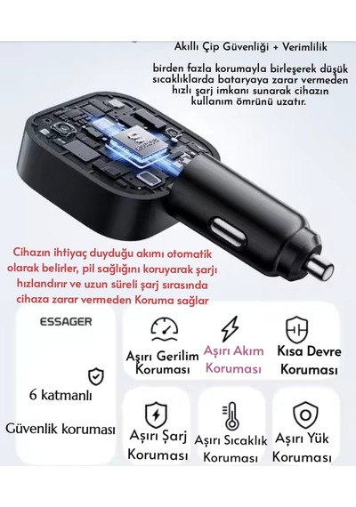 Essager 45w 3'ü 1'arada Geri Çekilebilir Kablolu Type-c+usb Araç Şarj Cihazı Hızlı Ce+rohs Lisanslı Sağlam -