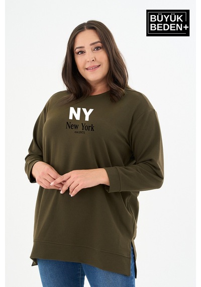 Süperlife Kadın Tunik Büyük Beden Ny Newyork Baskılı İnce Sweatshırt Spr26btk990-1 Haki
