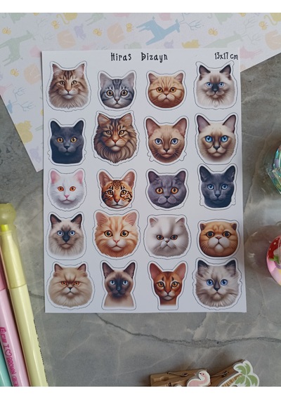 Tatlı Kedi Köpek Kafaları Sevimli Sticker Etiket Çıkartma 2 Sayfa